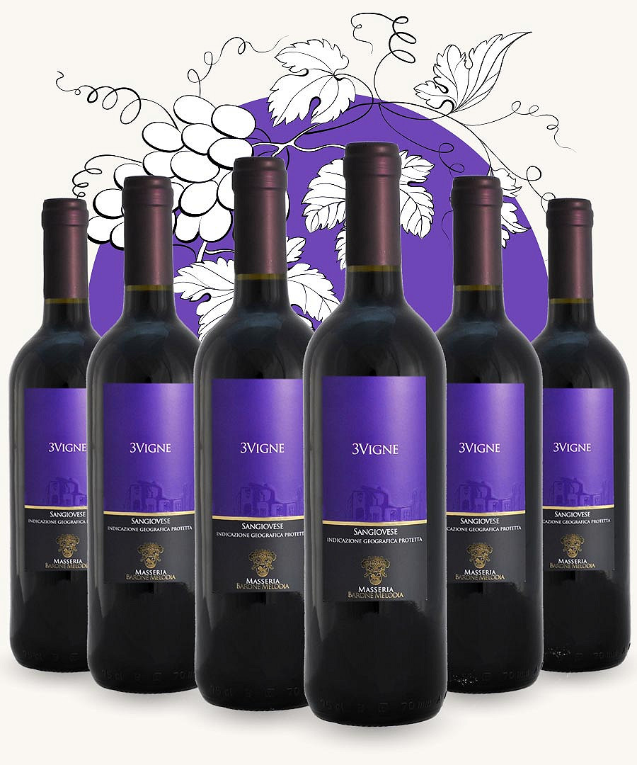 6 bottiglie di vino rosso "3 vigne" Sangiovese I.G.P.